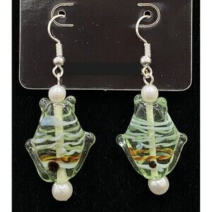Handmade Glass Fish & Faux Pearl Bead Earrings by Neanie-Bot